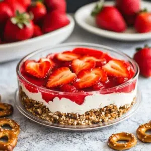 Low-carb strawberry pretzel salad with a crunchy crust and creamy filling.