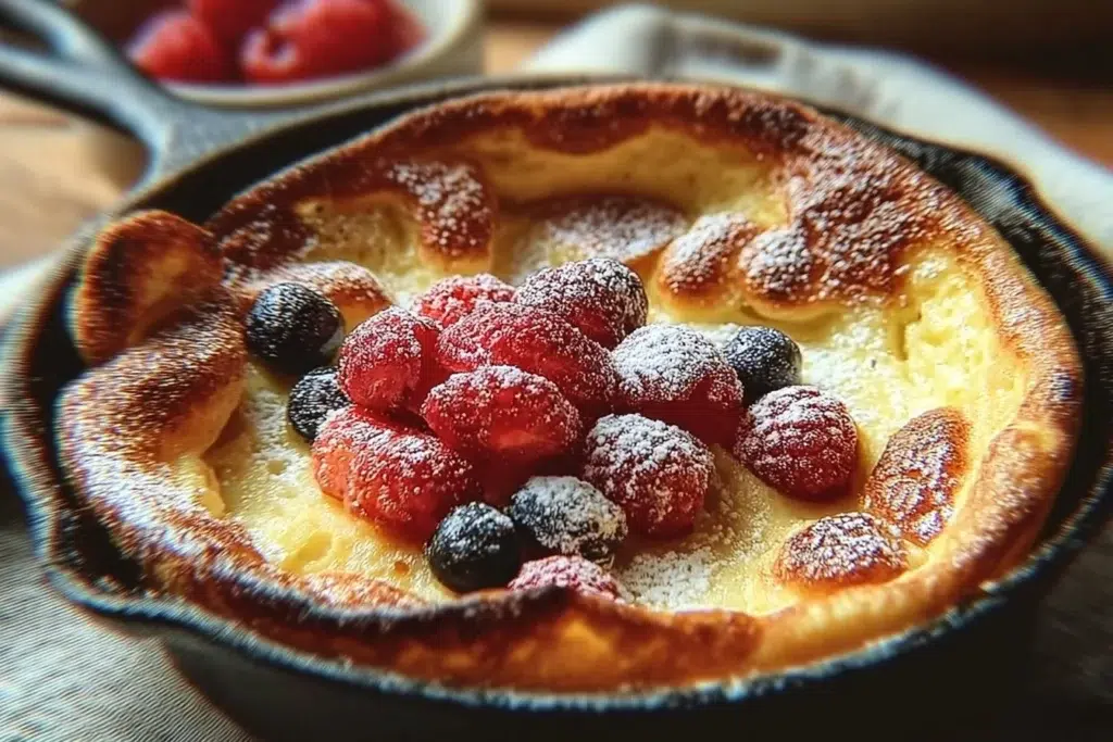 A plate of fluffy Mini Dutch Baby Pancakes topped with fruit and powdered sugar