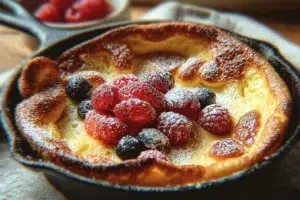 A plate of fluffy Mini Dutch Baby Pancakes topped with fruit and powdered sugar