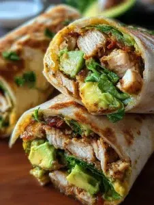 Delicious minute chicken avocado wraps on a plate, ready to serve.