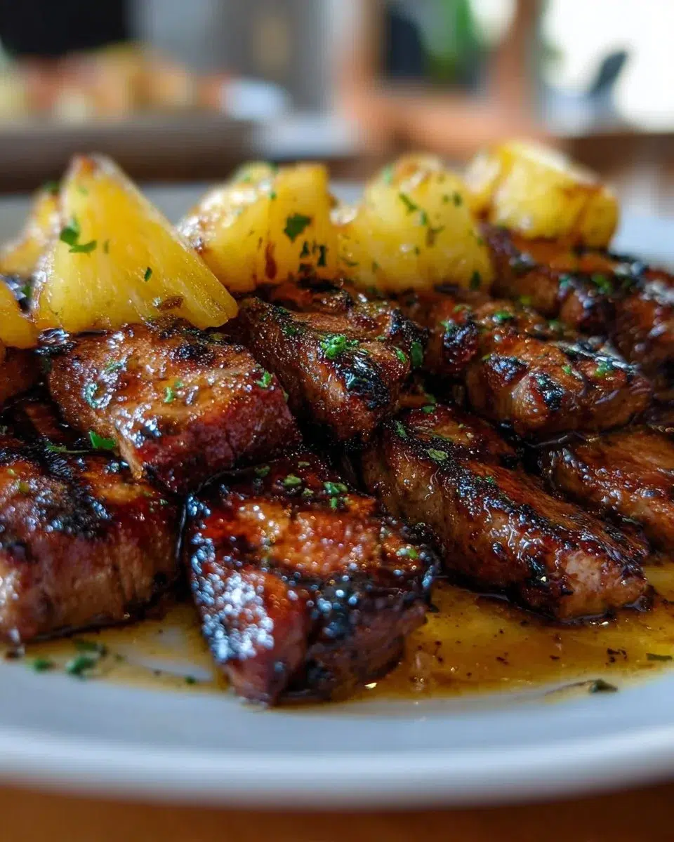 Minute Pineapple-Glazed BBQ Pork Skewers 1 Pineapple-glazed BBQ pork skewers ready for grilling