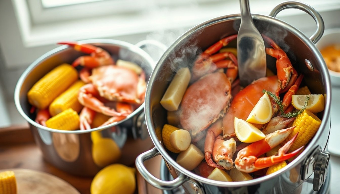 New England crab boil cooking in a stockpot with crab, corn, potatoes, lemon, and steam