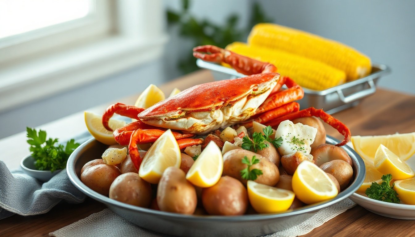 New England crab boil recipe with crab, potatoes, corn, lemon, and melted butter