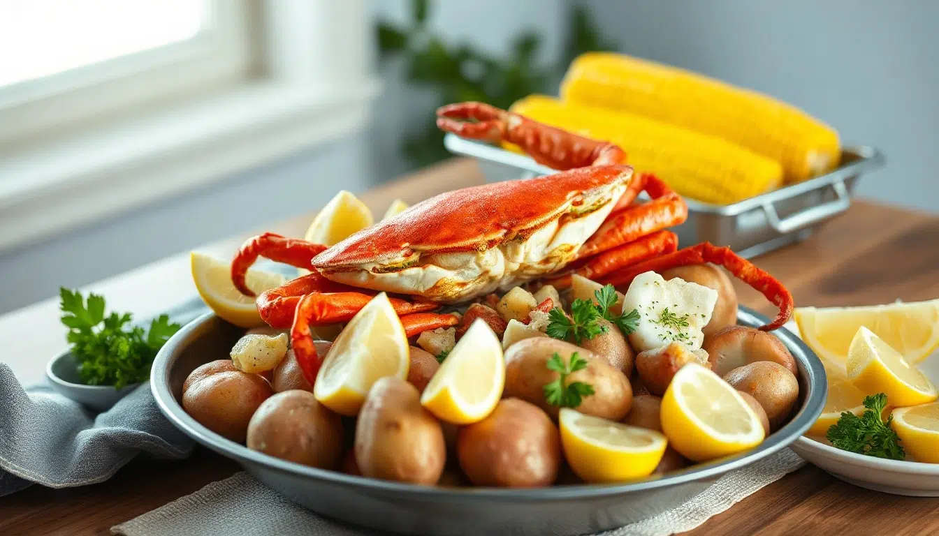 New England crab boil recipe with crab, potatoes, corn, lemon, and melted butter