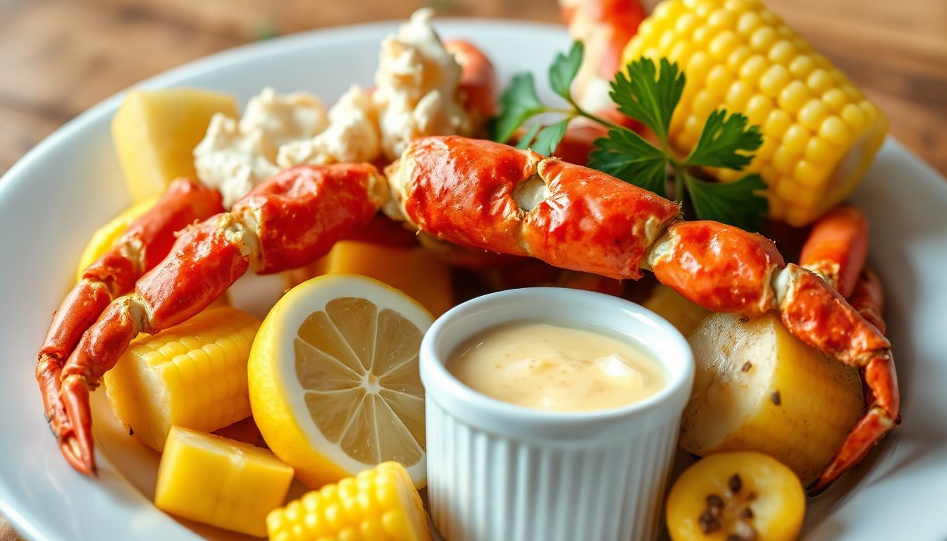 Close-up of New England crab boil serving with crab, corn, potatoes, lemon, and butter