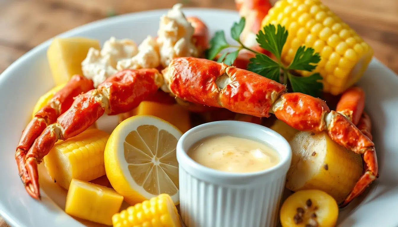 Close-up of New England crab boil serving with crab, corn, potatoes, lemon, and butter