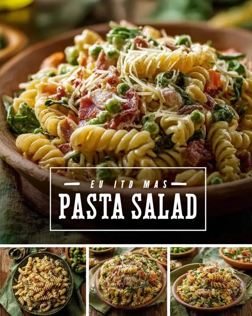 Colorful pasta salad with vegetables and dressing in a bowl