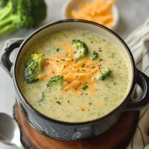 Bowl of protein-packed broccoli cheddar soup garnished with cheese and broccoli florets