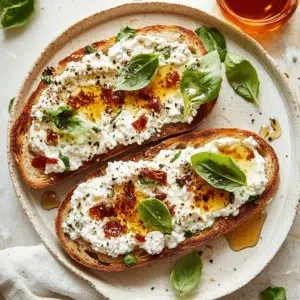 Protein-packed cottage cheese pizza toast drizzled with spicy honey.