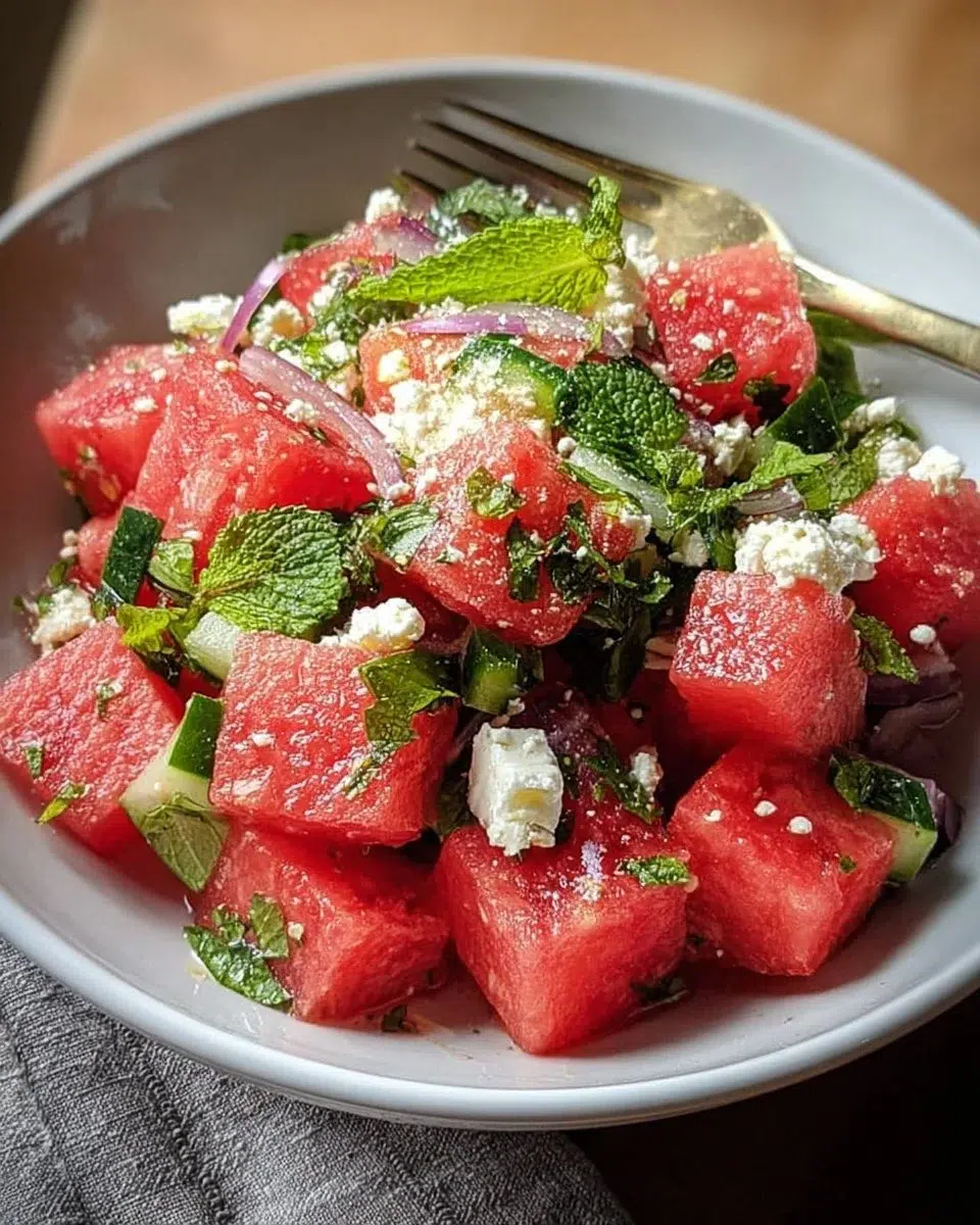Bowl of refreshing watermelon salad with mint leaves and feta cheese
