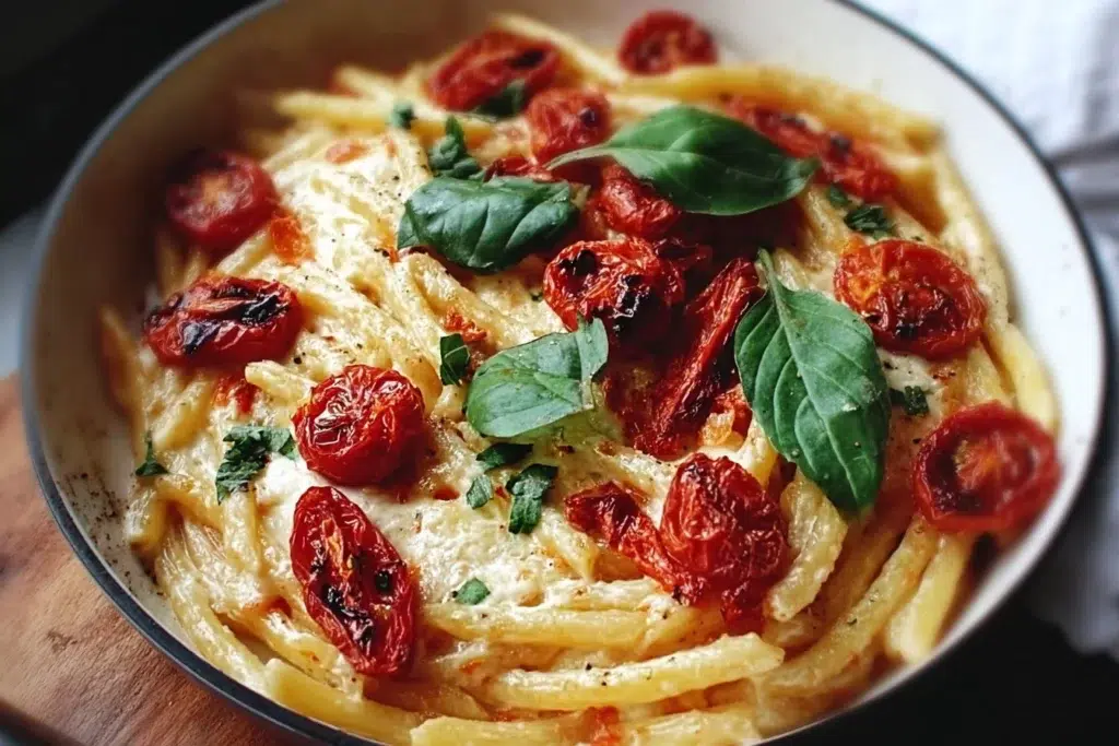 Delicious roasted tomato garlic ricotta pasta served in a bowl