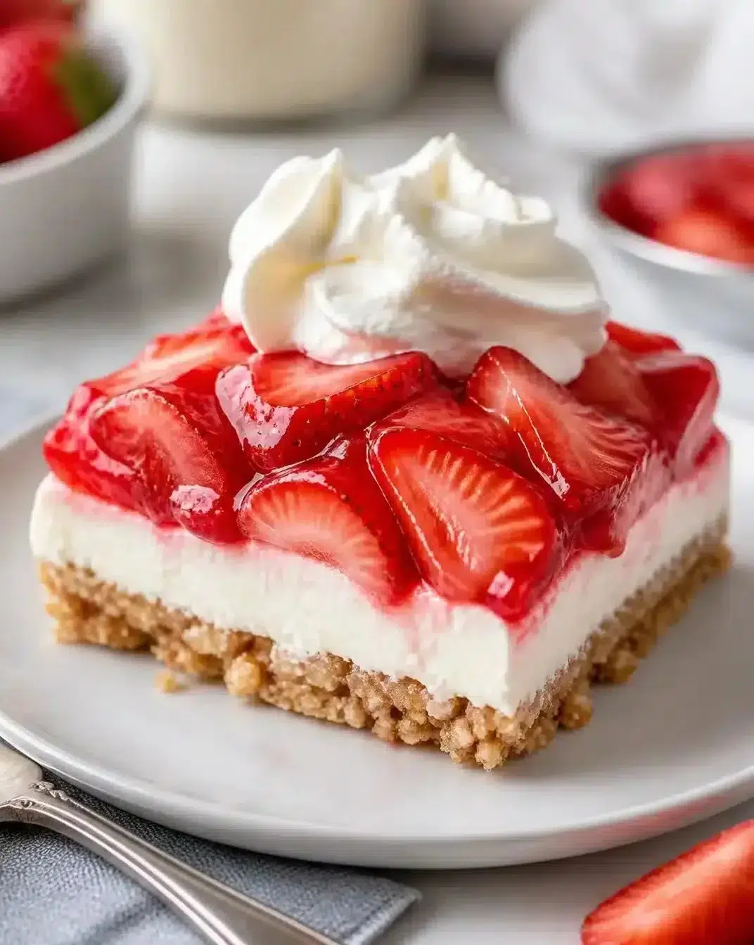 Delicious simple strawberry pretzel salad served in a bowl, topped with whipped cream.