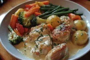 Slow Cooker Creamy Garlic Chicken with Fresh Veggies 7 Slow cooker creamy garlic chicken dish with fresh vegetables on a plate.