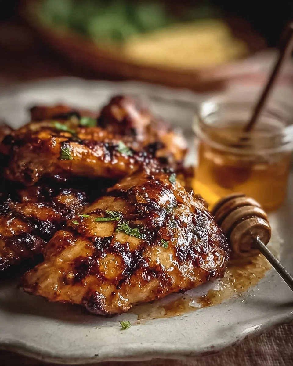 Spicy Honey-Glazed Grilled Chicken 1 Spicy honey-glazed grilled chicken served on a plate with garnish
