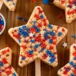 Festive Stars and Stripes cereal treats decorated with red, white, and blue.