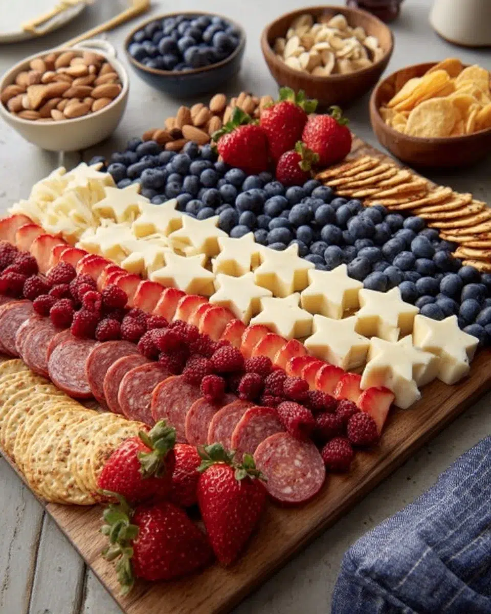 Stars and Stripes Snack Board 1 Stars and Stripes Snack Board featuring patriotic-themed snacks and decorations