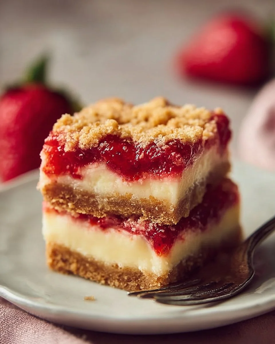 Strawberry Cheesecake Bars with a Graham Cracker Crust 1 Delicious Strawberry Cheesecake Bars with Graham Cracker Crust on a serving plate