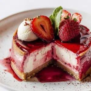 Delicious Strawberry Cheesecake with Roasted Strawberries on top