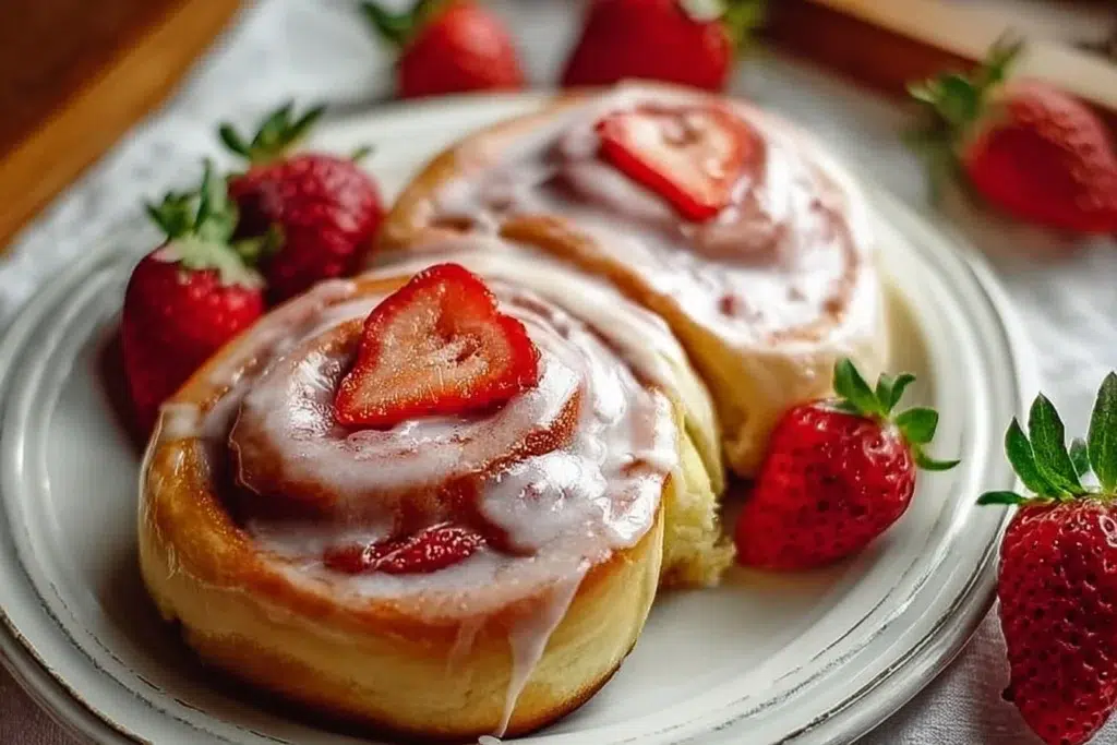 Freshly baked strawberry cinnamon rolls drizzled with icing