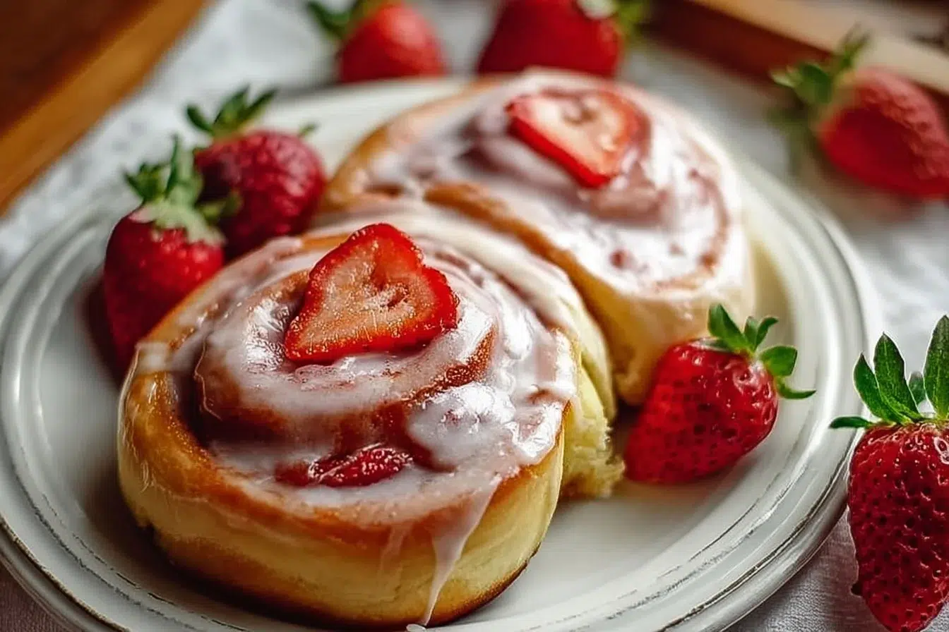Freshly baked strawberry cinnamon rolls drizzled with icing