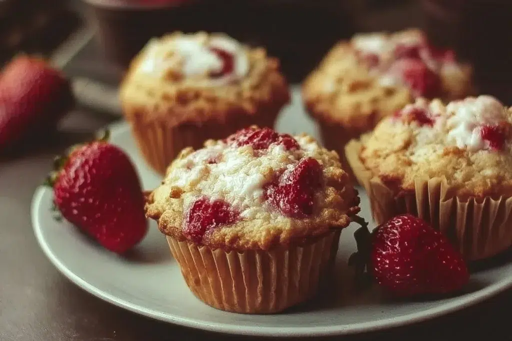 Freshly baked Strawberry Cream Cheese Muffins on a wooden table