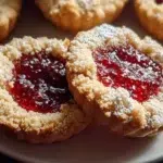 Delicious strawberry jam thumbprint cookies on a cooling rack