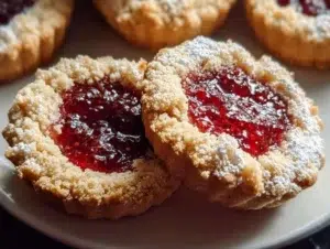Delicious strawberry jam thumbprint cookies on a cooling rack