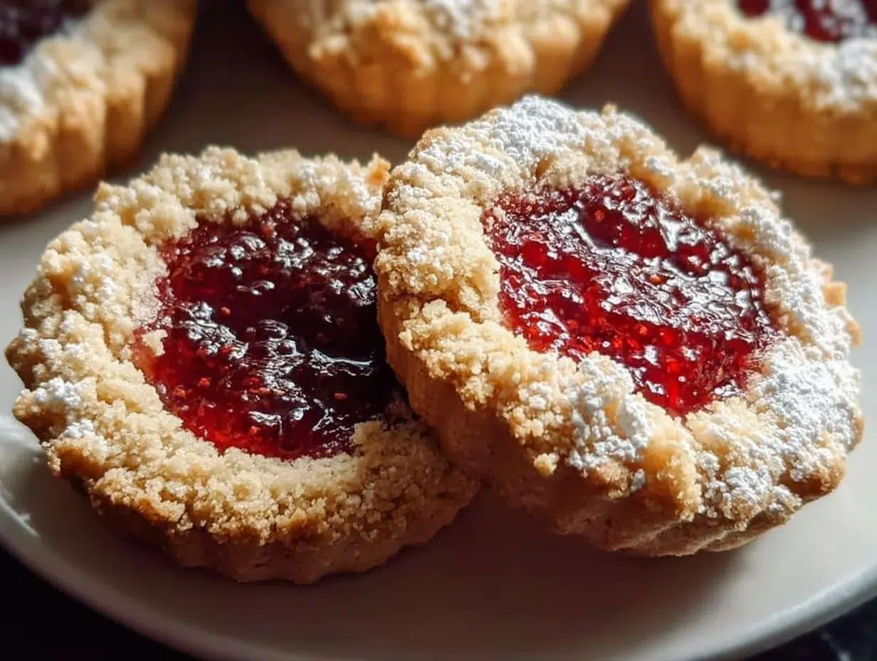 Delicious strawberry jam thumbprint cookies on a cooling rack