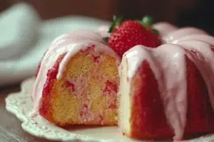 Strawberry Milkshake Pound Cake 5 Slice of strawberry milkshake pound cake with fresh strawberries on top