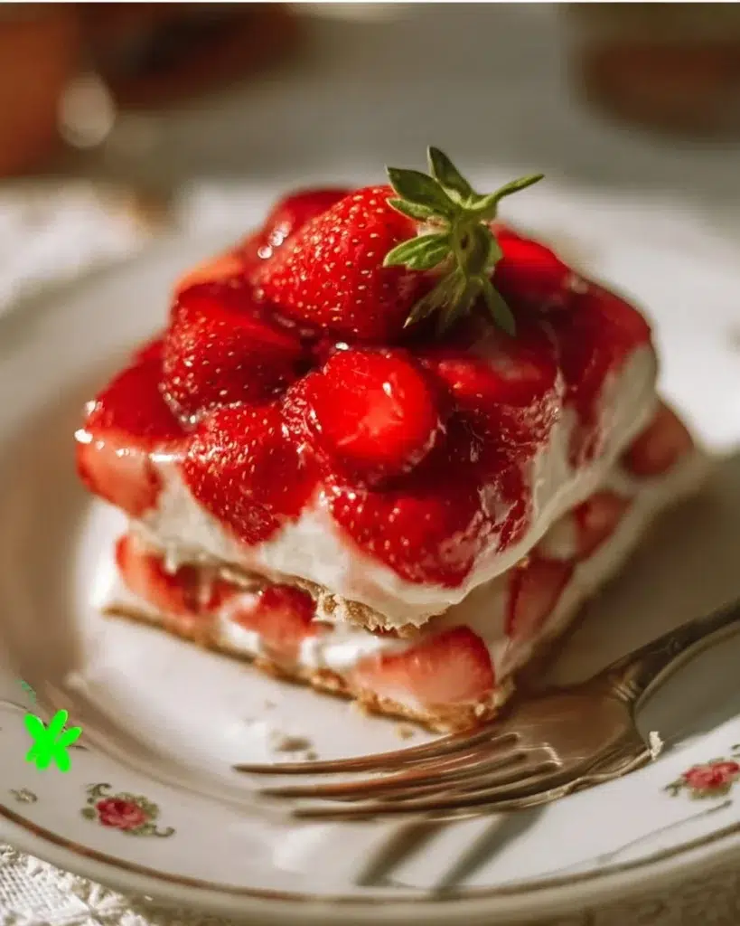 Delicious strawberry no-bake dessert topped with fresh strawberries and cream.