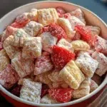 Plate of Strawberry Shortcake Muddy Buddies sweet treat