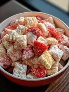 Plate of Strawberry Shortcake Muddy Buddies sweet treat