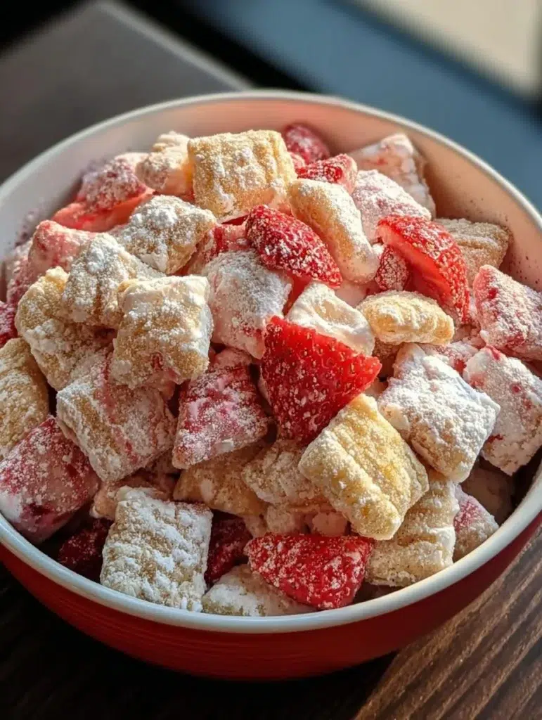 Plate of Strawberry Shortcake Muddy Buddies sweet treat