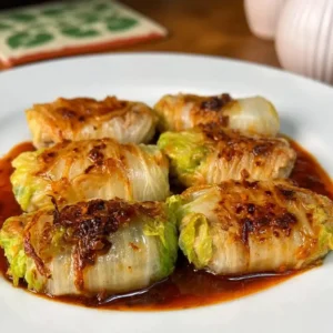 Plate of delicious stuffed cabbage dumplings served with sauce