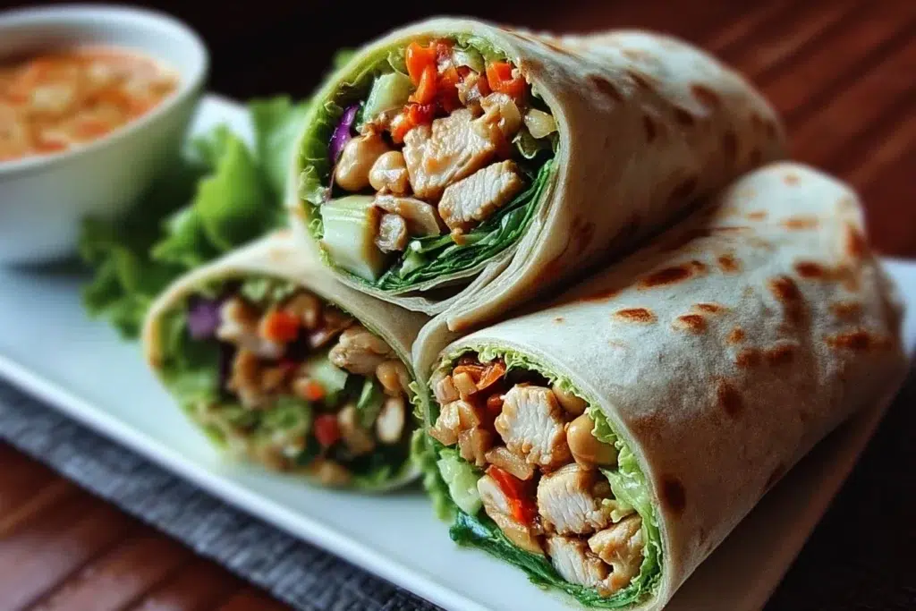 Delicious Thai Peanut Chicken Wraps served with fresh vegetables and sauce