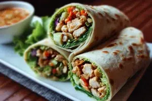 Delicious Thai Peanut Chicken Wraps served with fresh vegetables and sauce