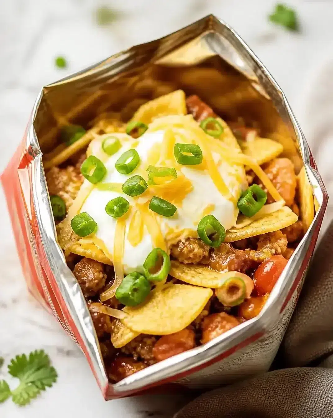 Delicious Walking Tacos served in a bag with toppings and ingredients