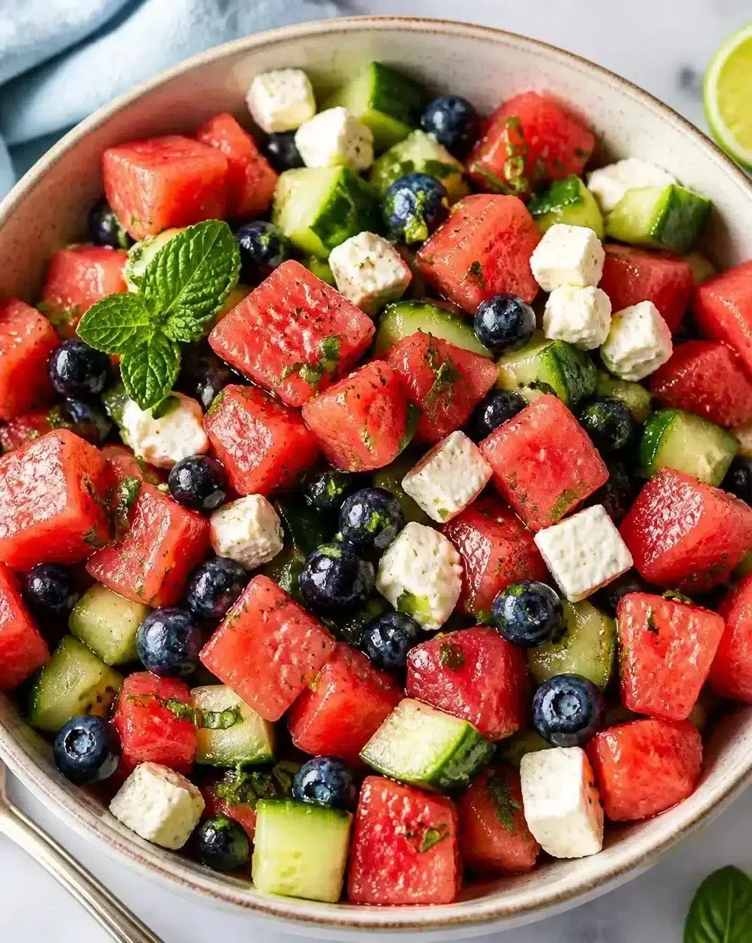 Watermelon and Feta Salad with Mint 1 Watermelon Feta Salad topped with fresh mint leaves