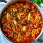 Hearty Cabbage Roll Soup with ground beef, tomatoes, rice, and savory spices in a bowl.