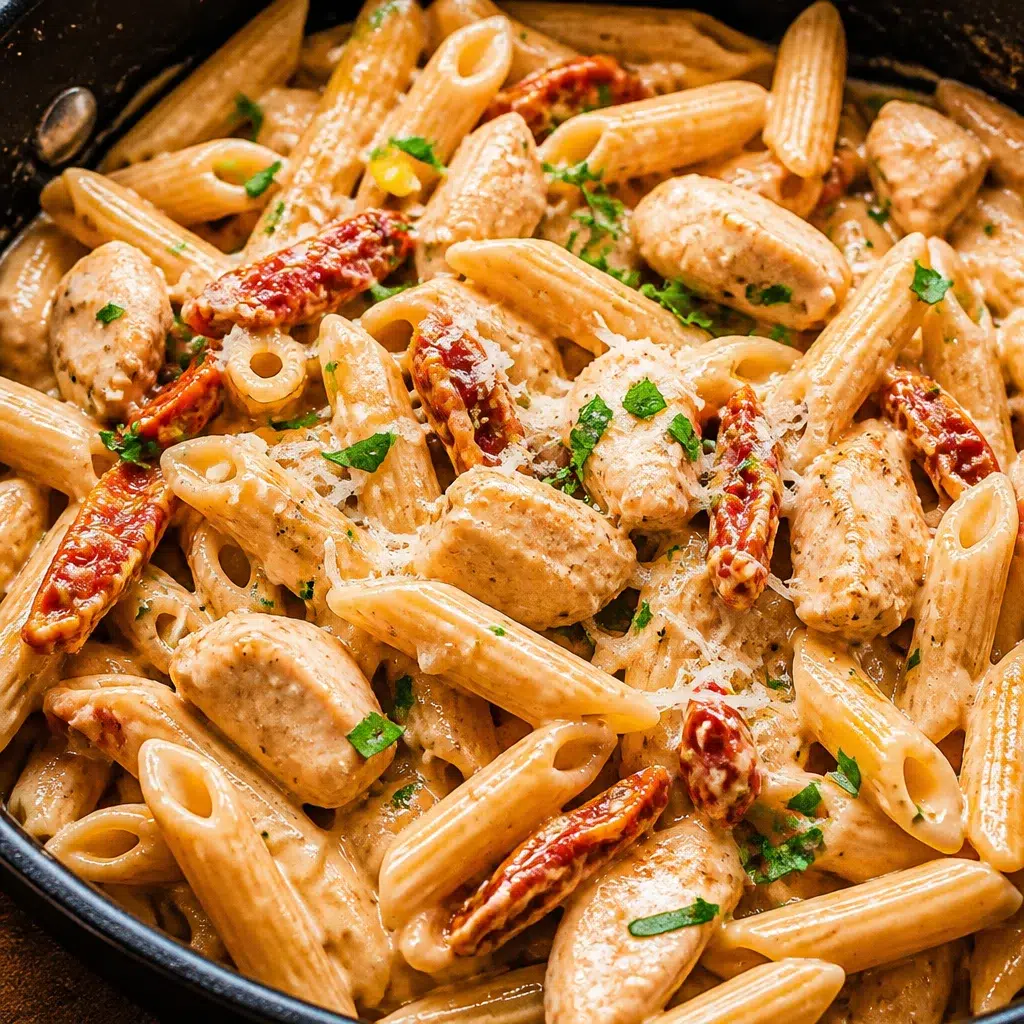 Creamy Marry Me Chicken Pasta Bake with sun-dried tomatoes and mozzarella cheese.