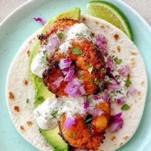 Delicious air fryer shrimp tacos topped with cilantro lime slaw and avocado.