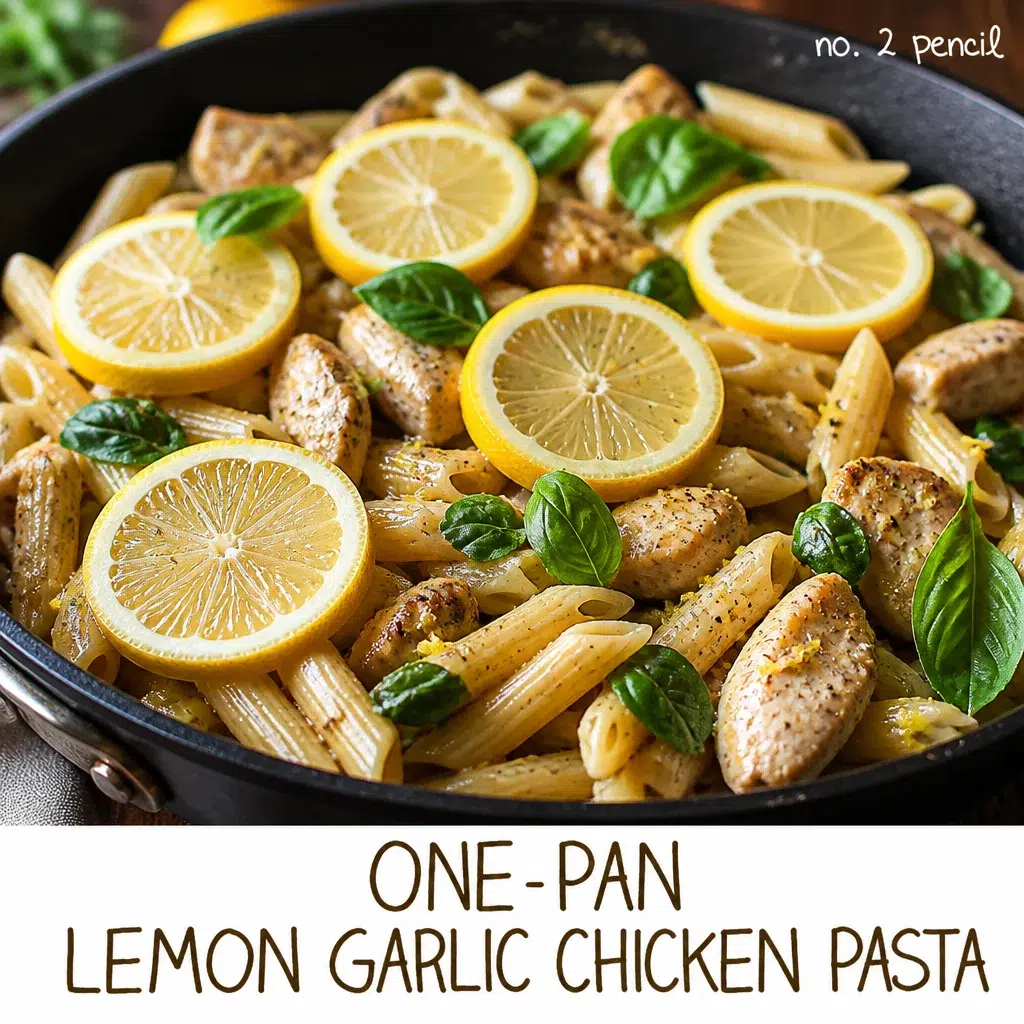 One pot lemon garlic chicken pasta with creamy sauce and seasoned chicken.
