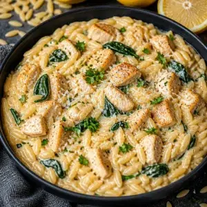 7 Easy Steps to Make Creamy Garlic Chicken Orzo Tonight! 7 Creamy garlic chicken orzo with parsley and Parmesan cheese in a skillet.