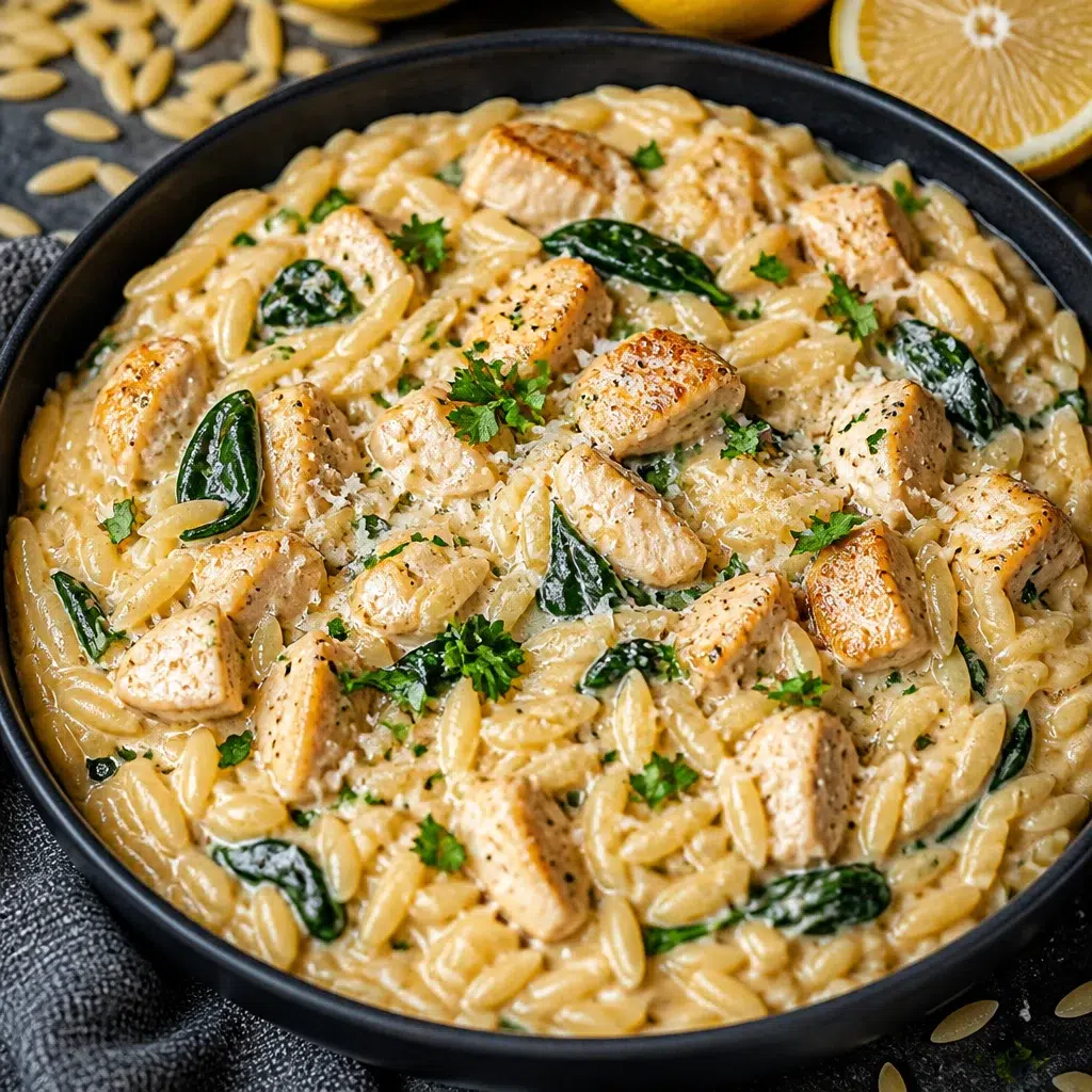 Creamy garlic chicken orzo with parsley and Parmesan cheese in a skillet.