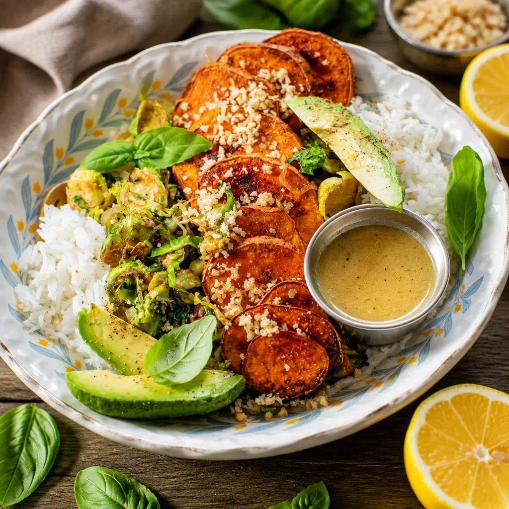 Maple Dijon chicken rice bowl with roasted vegetables and creamy sauce.