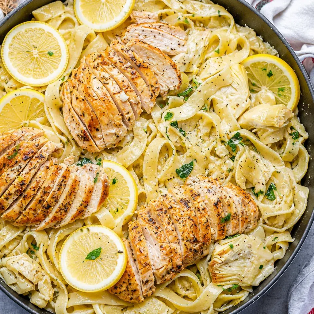 High protein lemon chicken pasta served in a bowl with fresh parsley.