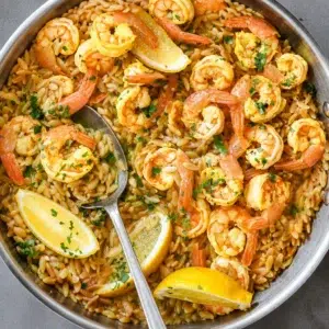 Delicious Lemon Garlic Shrimp Orzo served in a skillet, featuring fresh shrimp and creamy orzo.
