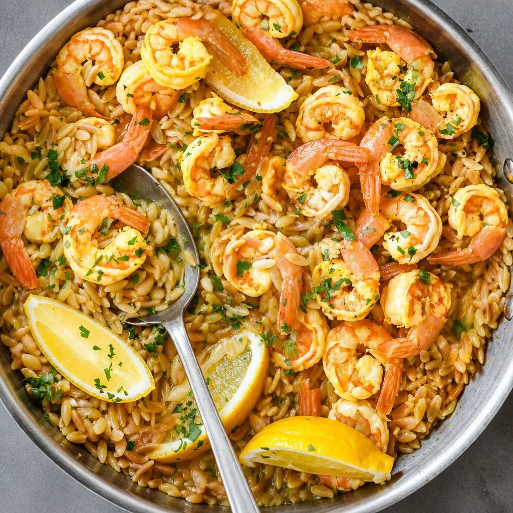 Delicious Lemon Garlic Shrimp Orzo served in a skillet, featuring fresh shrimp and creamy orzo.